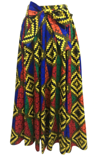 African Print Ankara Maxi Skirt + Scarf – Multicolor Geometric Pattern