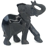 African Stone Elephant – 4” Black Serpentine Trunk Up Statue, Zimbabwe Handmade