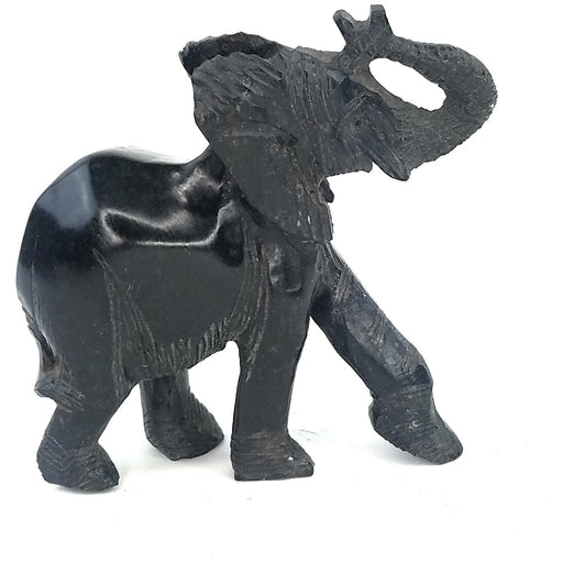 African Stone Elephant – 4” Black Serpentine Trunk Up Statue, Zimbabwe Handmade