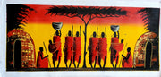 A canvas painting featuring a group of stylized African villagers in various colors around a central tree, with a vibrant yellow and red backdrop.