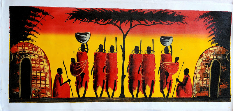 A canvas painting featuring a group of stylized African villagers in various colors around a central tree, with a vibrant yellow and red backdrop.