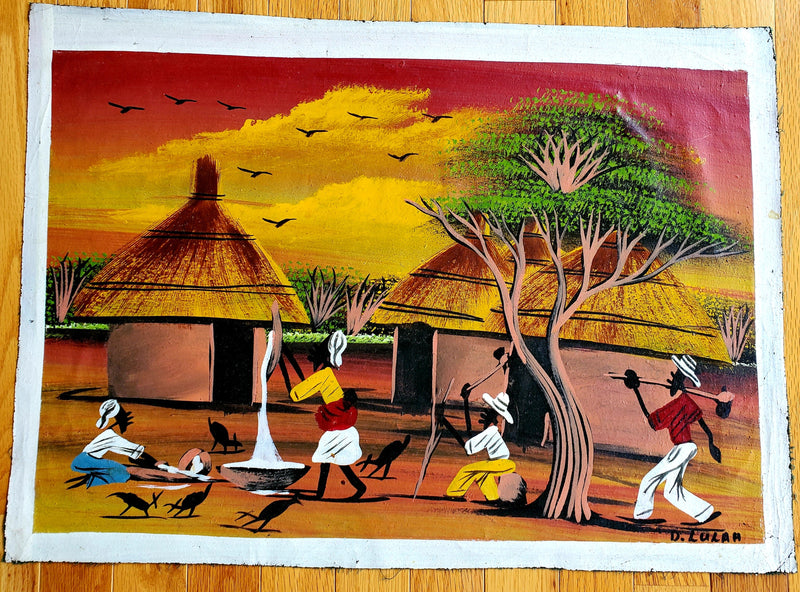 African Village Life Painting | Sunset Cultural Wall Art