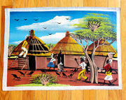 African Village Painting Blue Sky | Cultural Canvas Art