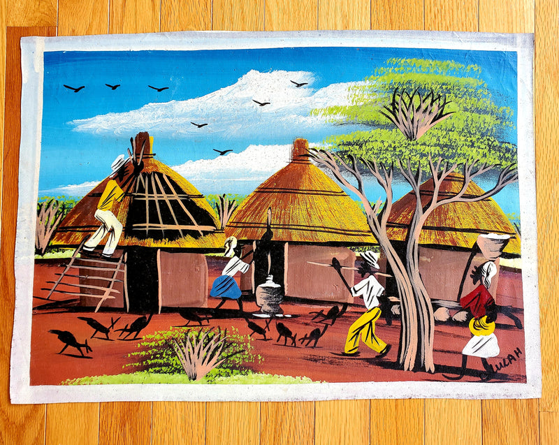 African Village Painting Blue Sky | Cultural Canvas Art