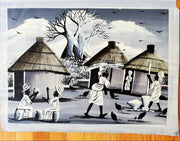 African Village Scene Painting | Black & White Canvas Art