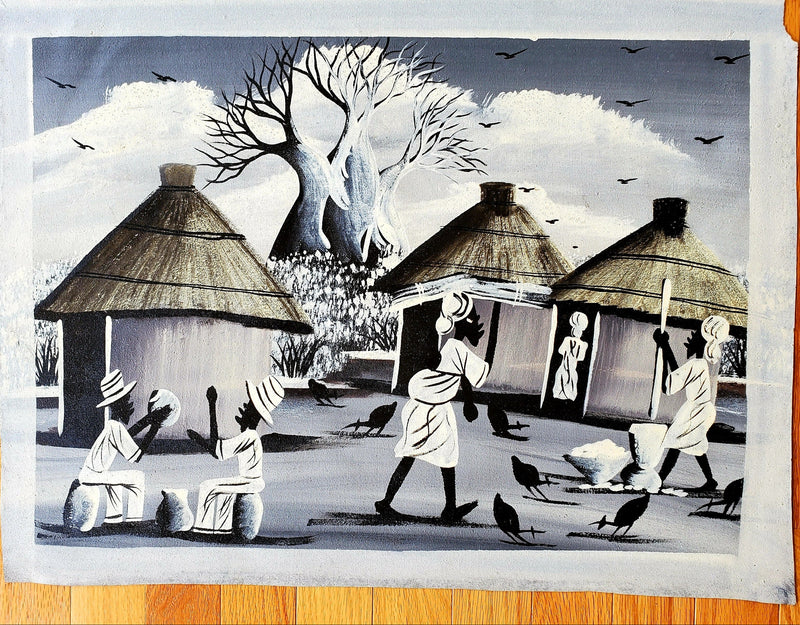African Village Scene Painting | Black & White Canvas Art