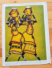 A painting on canvas featuring two stylized figures representing working women in vibrant yellow, orange, and black colors with geometric patterns.