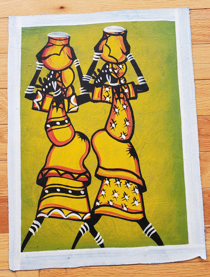 A painting on canvas featuring two stylized figures representing working women in vibrant yellow, orange, and black colors with geometric patterns.