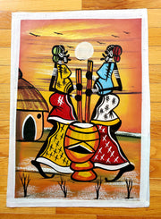 A painting of two women working with hoes, hand-painted in vibrant colors on a canvas background, with a red and yellow palette predominating.