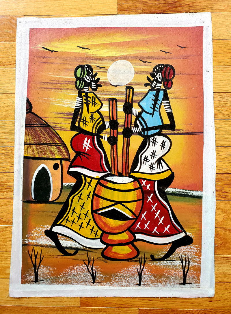 A painting of two women working with hoes, hand-painted in vibrant colors on a canvas background, with a red and yellow palette predominating.