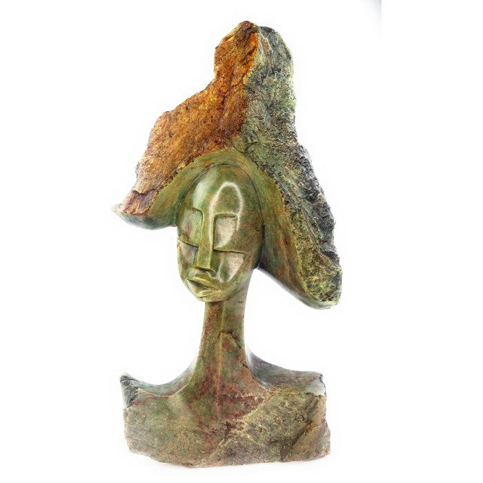 Beautiful Woman Bust Sculpture – Hand Carved Shona Green Serpentine Statement Piece