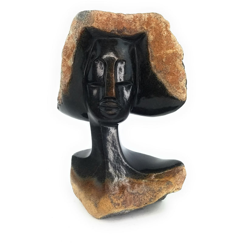 Beautiful Woman Head Bust – Hand Carved Shona Black Serpentine Sculpture