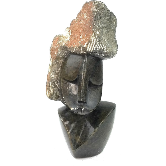 Beautiful Woman Head Bust – Hand Carved Shona Grey-Green Serpentine Sculpture
