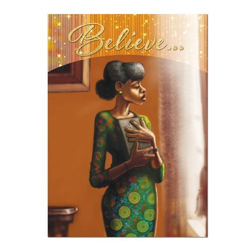 Artistic design with the word "Believe" and spiritual motifs.