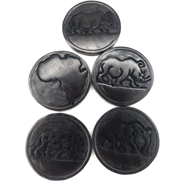 Big Five Safari Animal Ebony Wood Coaster Set – Hand Carved in Zimbabwe