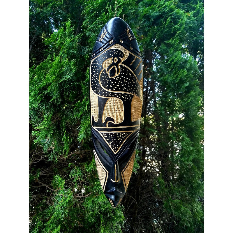 Black Fang Mask – Ghanaian Wall Art with Giraffe or Sankofa Symbol