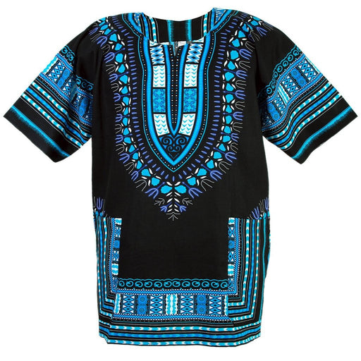 Black and Light Blue African Dashiki Shirt – 100% Cotton Traditional Print