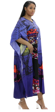 Blue African Kaftan Dress | Woman Carrying Gourd Artwork