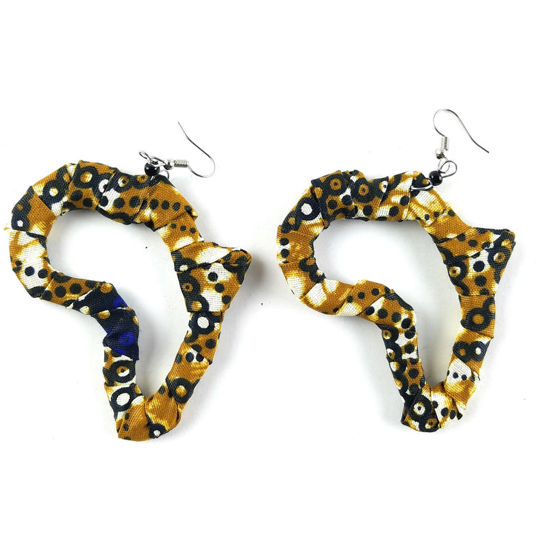A pair of Kitenge pattern earrings featuring an assortment of colors, resembling an African map design, handmade in Kenya.