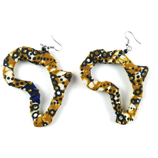 A pair of Kitenge pattern earrings featuring an assortment of colors, resembling an African map design, handmade in Kenya.