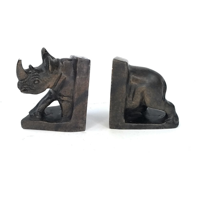 Brown Serpentine Rhino Bookends – Shona Stone Art from Zimbabwe