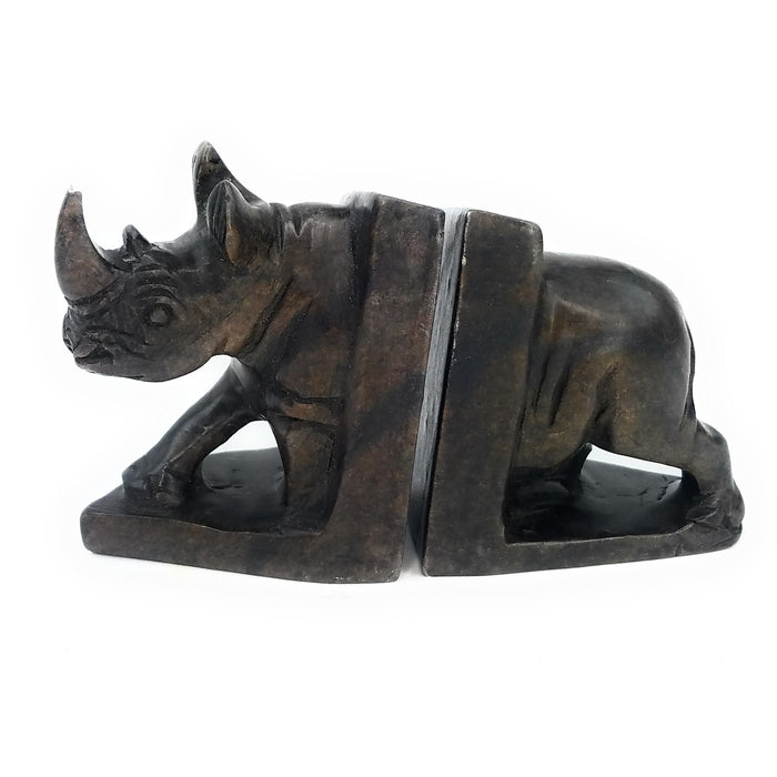 Brown Serpentine Rhino Bookends – Shona Stone Art from Zimbabwe