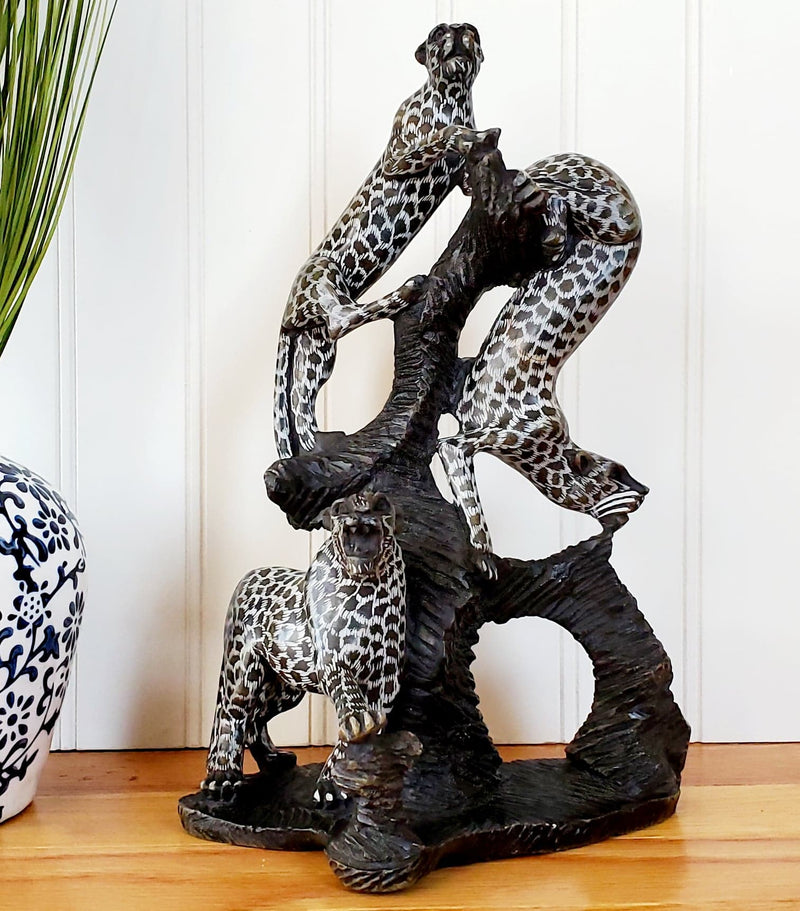 Climbing Leopards Sculpture | 3 Leopards Black Jade