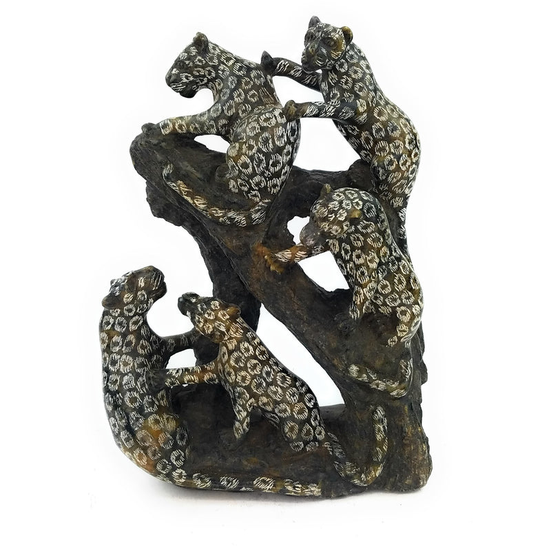Climbing Leopards Sculpture – 5 Leopards Hand Carved in Zimbabwe