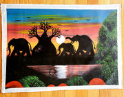 A canvas painting featuring silhouettes of elephants and a sunset with Baobab trees and a full moon in the background, painted in vibrant colors.