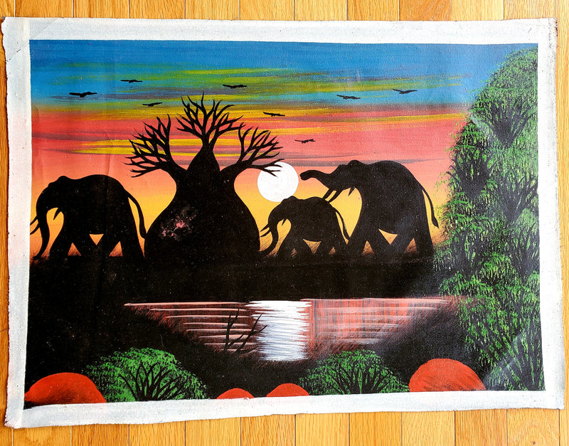 A canvas painting featuring silhouettes of elephants and a sunset with Baobab trees and a full moon in the background, painted in vibrant colors.