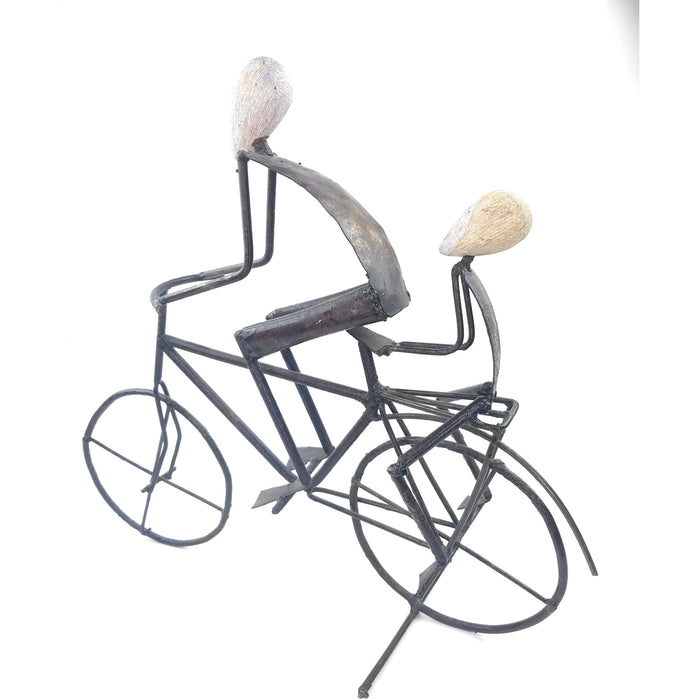 Cyclist with Child Sculpture – Hand-Carved Springstone & Recycled Metal Art from Zimbabwe