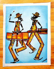 A canvas painting featuring two stylized musicians with colorful clothing and musical instruments, against a blue background.