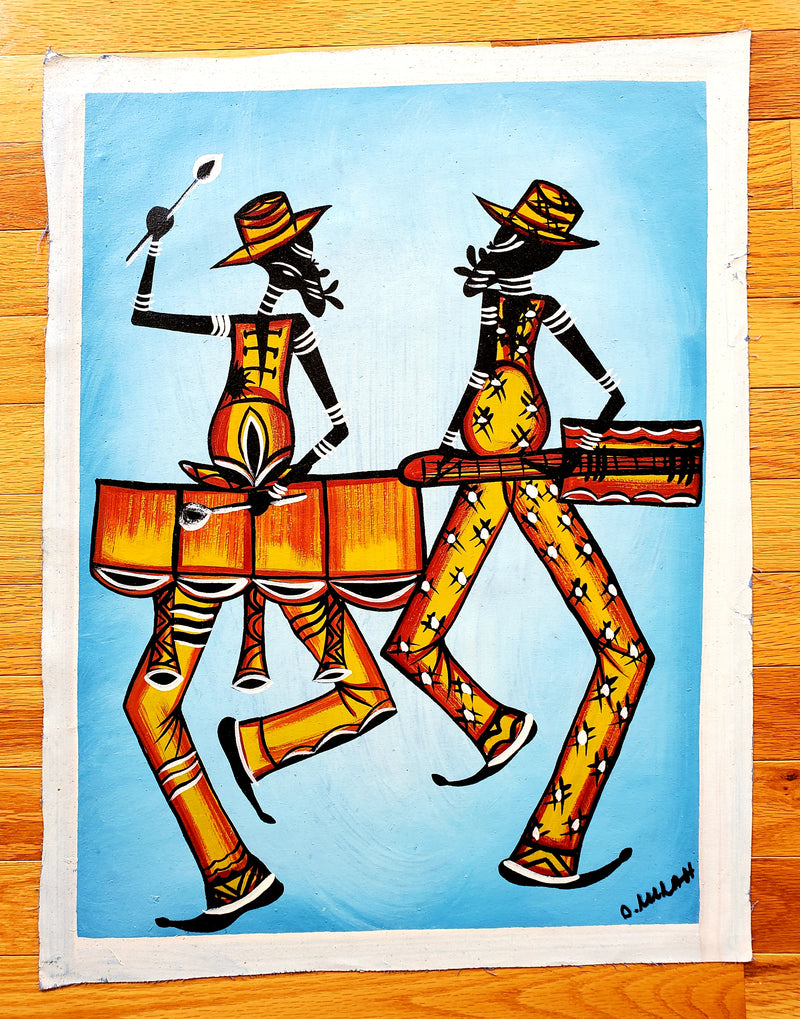 A canvas painting featuring two stylized musicians with colorful clothing and musical instruments, against a blue background.