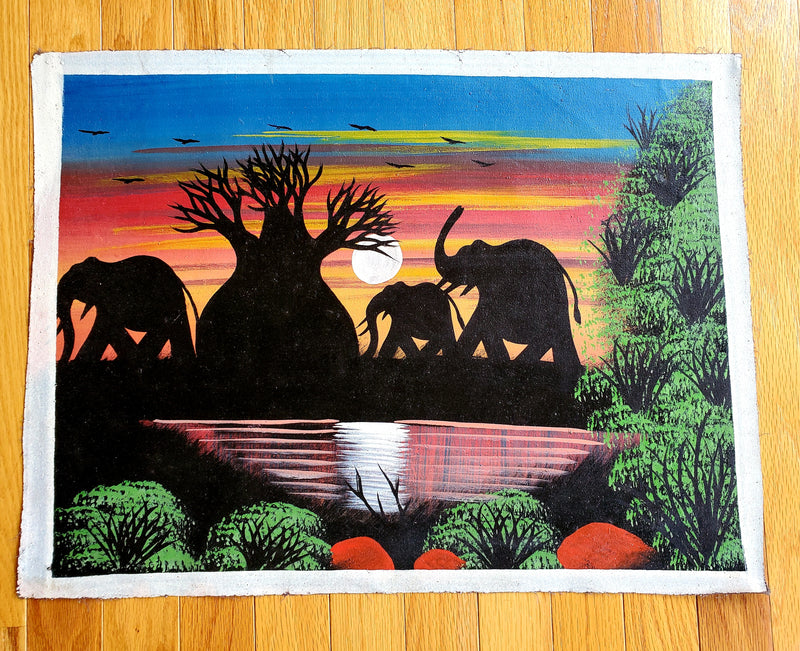 Elephant Family Baobab Painting | African Canvas Wall Art