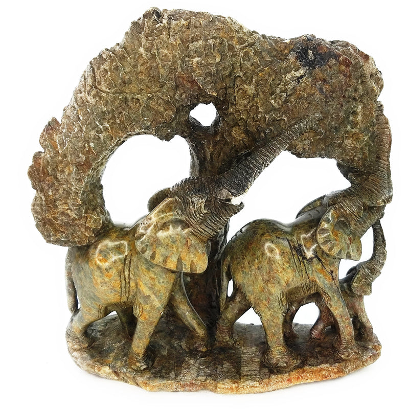 Elephant Family Sculpture – Parents Following Baby, Earthtone Stone