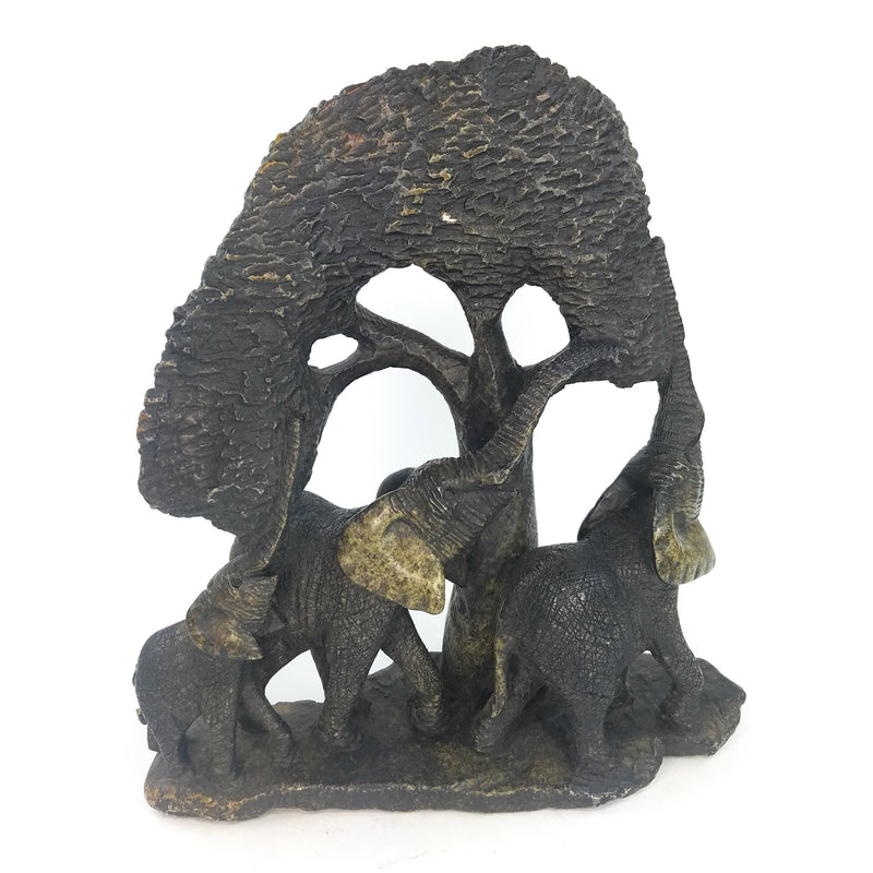Elephant Family Sculpture – Two Parents & Child Under Tree, Dark Stone