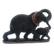 Elephant Mother & Child Sculpture – Black & Brown Serpentine, Textured