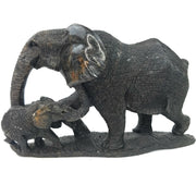 Elephant Mother & Child Sculpture – Black & Grey Serpentine, Textured
