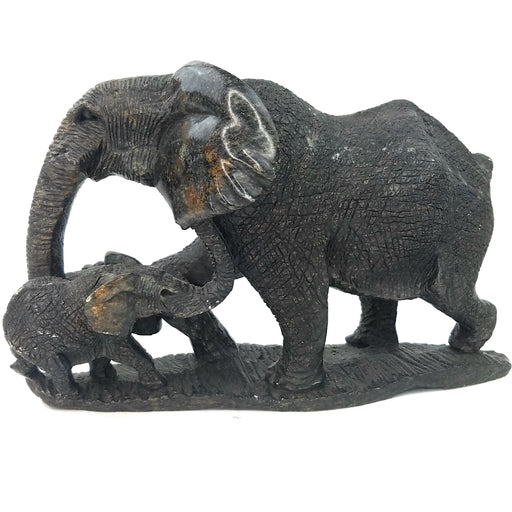 Elephant Mother & Child Sculpture – Black & Grey Serpentine, Textured