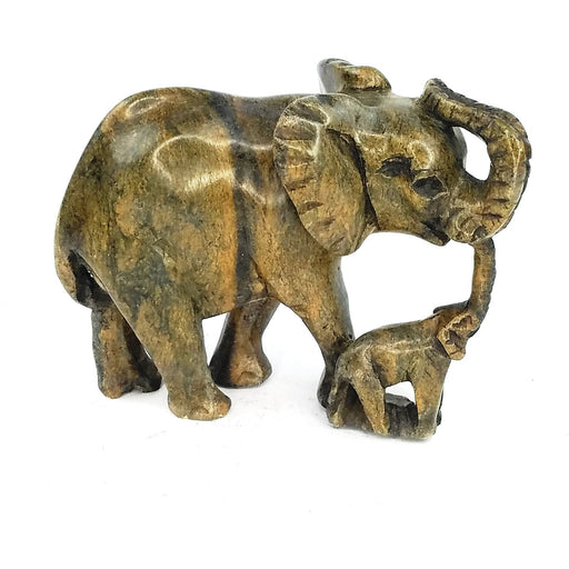 Elephant Mother & Child Sculpture – Light Earthtone Glossy Serpentine