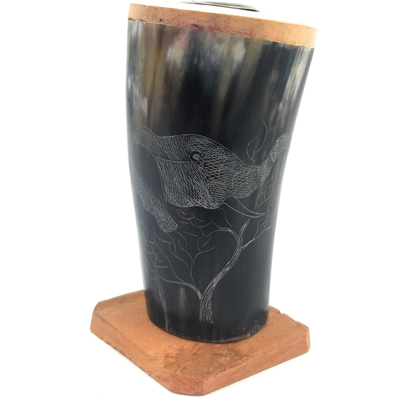 Hand-Carved Scrimshaw Cow Horn Pen & Pencil Holder