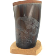 Hand-Carved Scrimshaw Cow Horn Pen & Pencil Holder