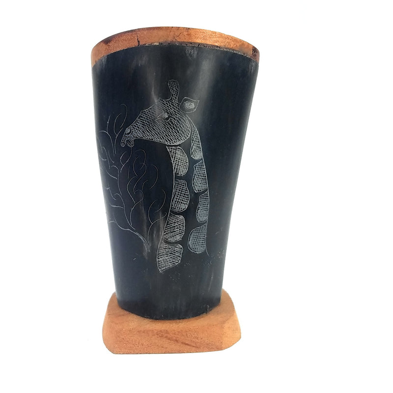 Hand-Carved Scrimshaw Cow Horn Pen & Pencil Holder