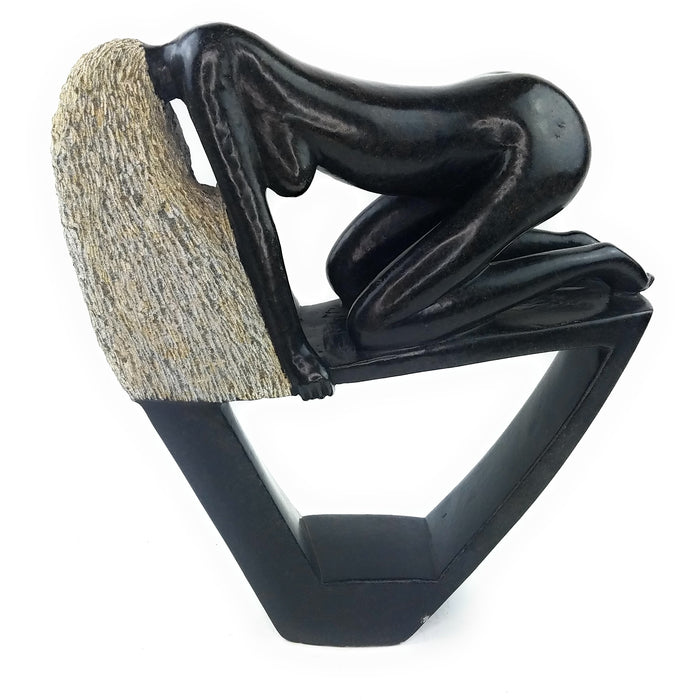 Hair Lady Sculpture – Hand Carved Shona Black Springstone Art from Zimbabwe