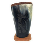 Hand-Carved Scrimshaw Cow Horn Pen & Pencil Holder