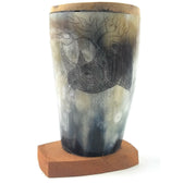 Hand-Carved Scrimshaw Cow Horn Pen & Pencil Holder