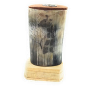 Hand-Carved Scrimshaw Cow Horn Pen & Pencil Holder