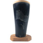 Hand-Carved Scrimshaw Cow Horn Pen & Pencil Holder