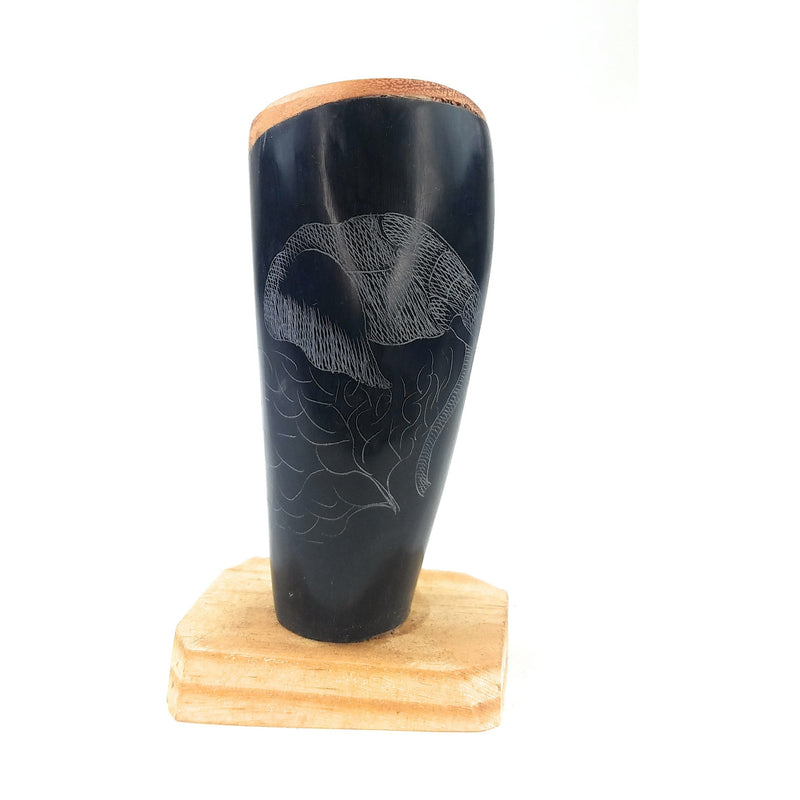 Hand-Carved Scrimshaw Cow Horn Pen & Pencil Holder