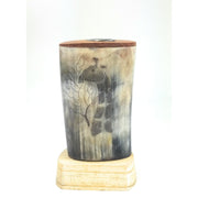 Hand-Carved Scrimshaw Cow Horn Pen & Pencil Holder